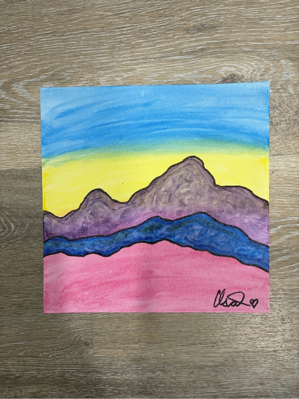 Original Hand-Painted Mountain Landscape Art - Blue, Yellow, Pink, Purple